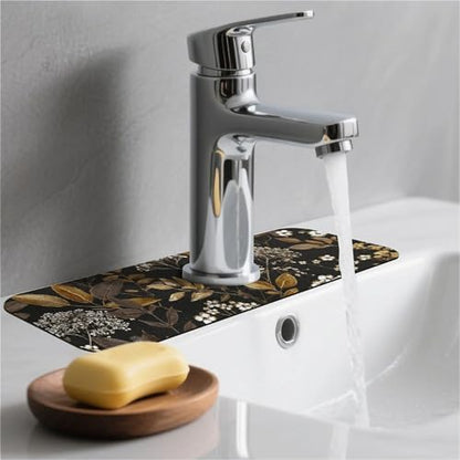 Kitchen Sink Splash Guard，small-flowers and leaves- Faucet Mat Sink Gadgets-Super Absorbent Fast Drying Mat Drip Catcher for Kitchen, Bathroom,Sink Mat, Dish Drying Mat, Bathroom(15" X 5.5" )