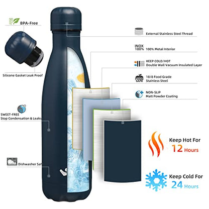 Konokyo 17 oz Insulated Stainless Steel Water Bottle, Navy Blue - color: Navy Blue, size: 17 Ounces