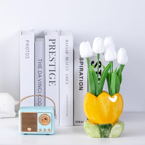 TANG SONG Ceramic Tulip Make up Brush Holder Flower Cosmetic Storage Box Pen and Pencil Holder Desktop Organizers (Yellow)