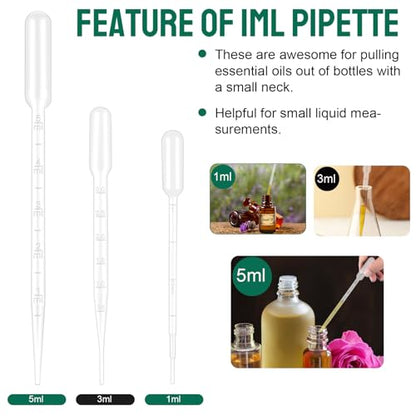 200Pcs 1ML Dropper Pipettes - Disposable Plastic Pipettes for Lab Science, Essential Oil, DIY Art, Medicine - Excellent Suction Without Leakage - size: 1 ML