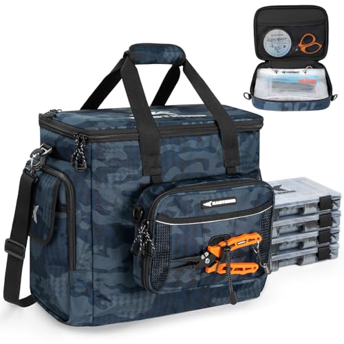 KastKing BaitSpace Fishing Tackle Bag With 4 Tackle Boxes & Removable Bait Binder, Water-Resistant Tackle Storage, Durable Fishing Gear, Adjustable Shoulder Strap - color: F: Blue Camo, size: Large - 4*3600 Trays