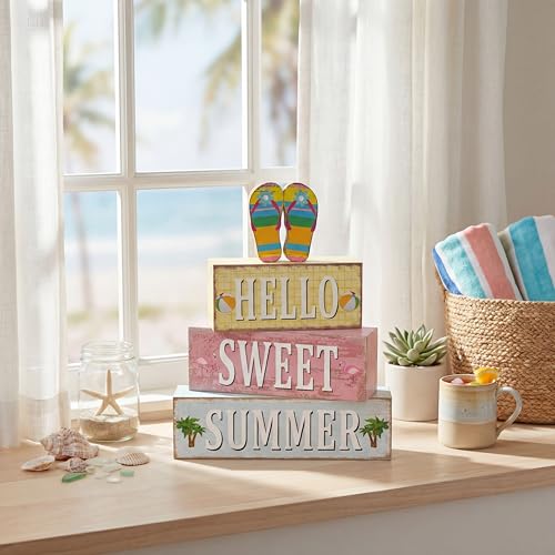 4 Pcs Summer Flip Flop Wooden Table Decorations Hello Summer Centerpiece Tiered Tray Decor Beach Farmhouse Blocks Table Top Sign for Home - style: Summer