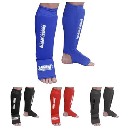 Combat Sports Elastic Cloth Shin & Instep Padded Guards - color: Blue, size: Large
