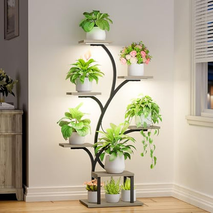 BACEKOLL Plant Stand Indoor with Grow Lights, 7 Tiered Indoor Plant Shelf, 49" Corner Plant Stands for Indoor Plants, Metal Plant Flower Display Shelf, Tree-Shaped Plant Rack for Home, Patio, Grey