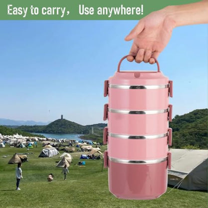 4 Tier Stackable Stainless Steel Lunch Box Sealed(pink, 4 layers) with spoon and fork - color: Pink, size: 4 layers