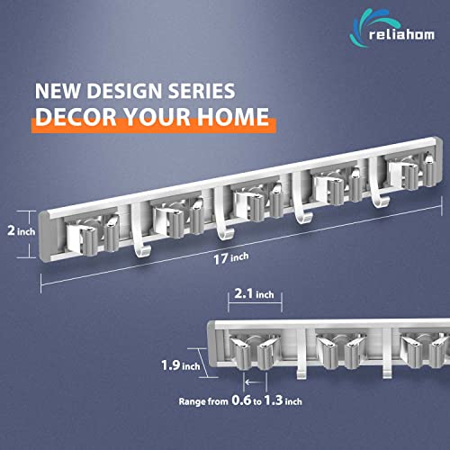 reliahom Broom Holder Wall Mount Mop Hanger Tools organizer 5Racks4Hooks,2P | Adjustable Mop Broom Wall Hanging Heavy Duty Tools Storage Rack Space-saving for Garage,Kitchen,Laundry Room,Garden, Silver - color: Silver
