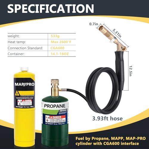 Propane Torch Hose Kit Long 3.93 ft- Heavy Duty MAPP Gas Torch Head with Adjustable Heat,Heat 2600℉ Soldering for Piping, Copper Tubing, Professional Grade DIY Soldering Kit - color: Gold