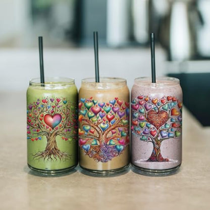 arricraft 10 Pcs Love Tree Theme Cup Printing UV Transfer Papers, 10 Styles Love Tree of Life Colorful Hearts PVC DIY Heat Transfer Stickers for 16 OZ Glass Cups Crafts 9.5x4.3inch - style: Love Tree Theme