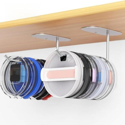 Tumbler Lid Organizer 1Pack, Paper Towel Holder Space Saving Cup Lid Organizer, Self-Adhesive or Drilling Tumbler Lid Hook for Kitchen Organizers and Storage (Silvery)