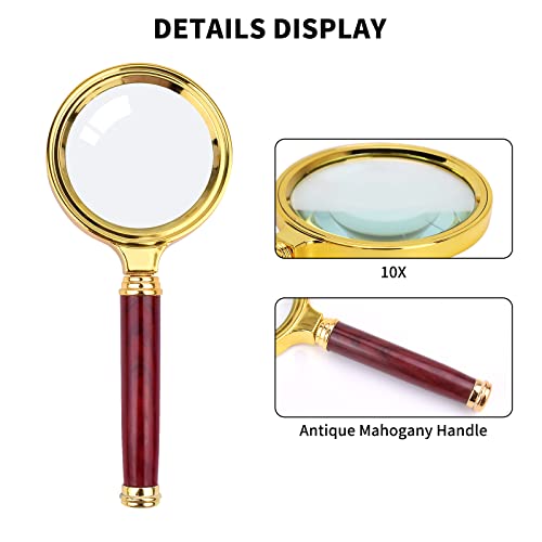 10X Magnifying Glass, Handheld Reading Magnifier with Antique Mahogany Handle, 80mm + 60mm Magnify Glasses Lens, Magnifier Glass for Book Reading, Insect Observation, Science (2 Pcs)