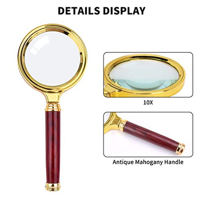 10X Magnifying Glass, Handheld Reading Magnifier with Antique Mahogany Handle, 80mm + 60mm Magnify Glasses Lens, Magnifier Glass for Book Reading, Insect Observation, Science (2 Pcs)