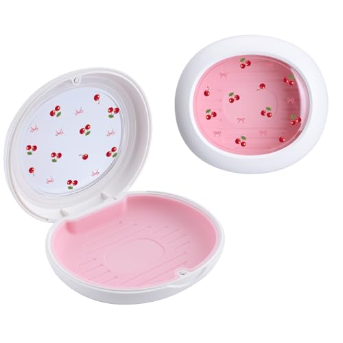Kawaii Cherry Printed Retainer Case with Silicone Pad, Portable Slim Aligner Case Orthodontic Retainer Box, Denture Storage Container Travel Mouth Guard - color: Kawaii Cherry