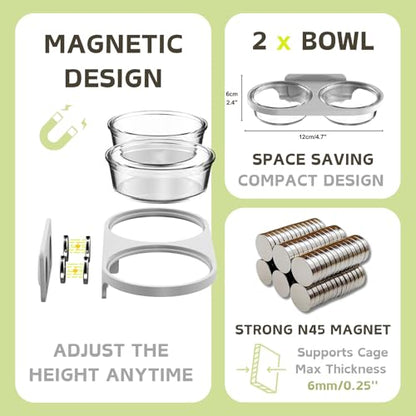 Magnetic Reptile Feeding Ledge with 2 Pack Plastic Bowls Food Feeder Water Dish for Crested Gecko Dwarf Hamster(Gray, Magnetic-Mounted)
