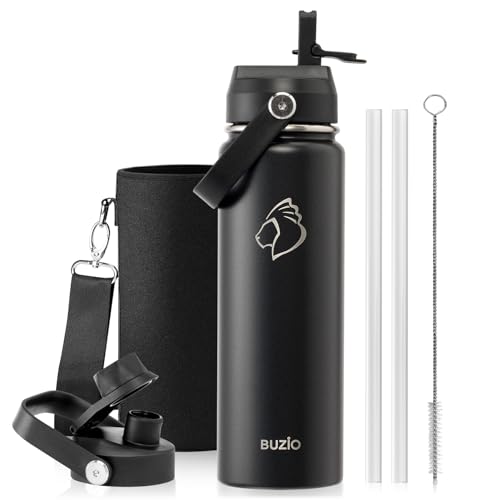 BUZIO 24 oz Insulated Stainless Steel Water Bottle with Straw & Spout Lids | Triple Wall Insulated Tumbler (Dishwasher Safe) ,Cold for 48 Hrs, Wide Mouth, Leakproof, BPA-Free, for Sports, Gym, School - color: Black, size: 24 Ounces