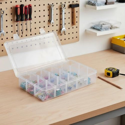 2 Pack Plastic Organizer Box with 14 Removable Dividers,15-Compartment Clear Storage Box for Crafts, Beads, Jewelry & Small Parts (10.5x6.5x2.2 Inches)