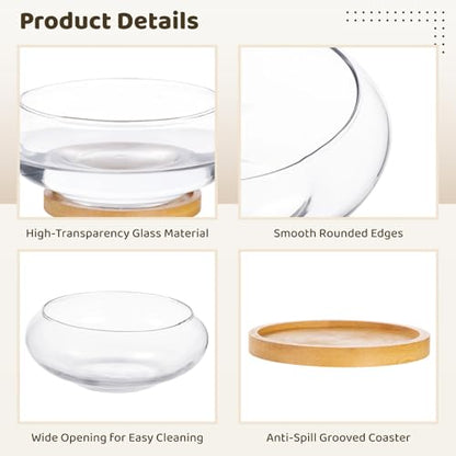4PCS Lotus Bowl Planter with Wood Tray, 6 Inch Round Glass Vase for Hydroponics, Glass Fish Bowl, Bowl Planter for Plants Indoor Windowsill, Home Decor (4PCS)