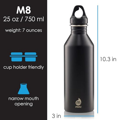 Mizu M8 - 25 oz. Single Wall Narrow Mouth Stainless Steel Bottle with Loop Cap Black - color: Black
