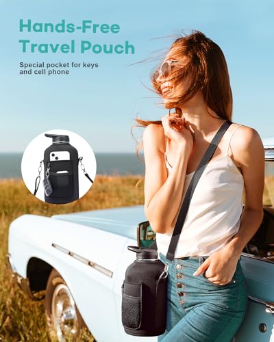 Topre Half Gallon Water Bottle with Handle and Carry Pouch,64 oz Stainless Steel Insulated Jug Flask with Straw Lid Spout Lid,Reusable Metal Water Bottle Mug Tumbler Cup,Keep Cold & Hot,Green - color: Green with Handle, size: 64 Ounces