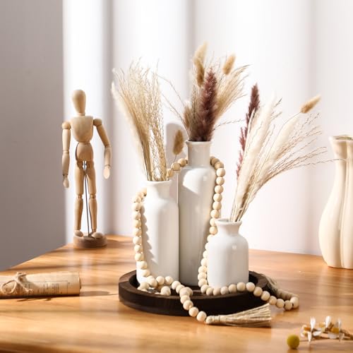 5 Pcs Rustic Country Tabletop Centerpieces Decor Set of 3 Boho Ceramic Vases with Wooden Serving Tray Wood Bead Garland Tassels Table Holder for Home Decorations(Dark Brown)