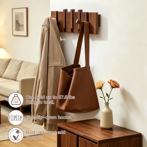 Coat Rack Wall Mount, Walnut 5 Flip-Down Picket Hanger Hooks for Entryway - size: 5 Hooks