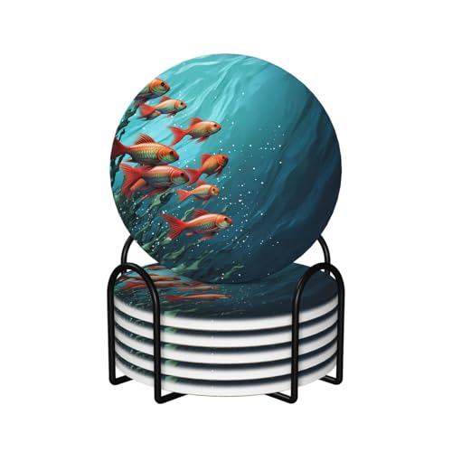 Coasters for Drinks Set of 6 Absorbent Ceramic Drinks Coasters with Holder Cup Mat Pad Fish Aquarium Decorative Coffee Cup Beverage Coasters for Tabletop Protection Home Decor