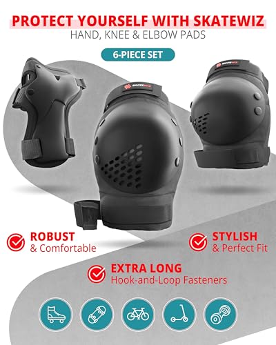 SKATEWIZ Skateboard Pads Protective Gear Set for Kids and Adults - Smash - Roller Skate Pads [6pc] with Wrist Guards - Skating Protective Gear - Roller Derby - color: Black, size: L/XL - Adults