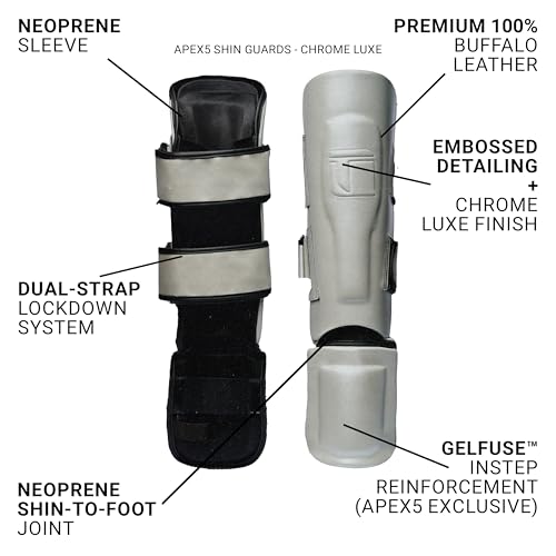 Tigear APEX5 Shin Guards – Chrome Luxe | Muay Thai, MMA, Kickboxing & Sparring | 100% Buffalo Leather