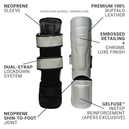 Tigear APEX5 Shin Guards – Chrome Luxe | Muay Thai, MMA, Kickboxing & Sparring | 100% Buffalo Leather