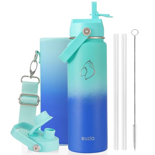 BUZIO 24 oz Insulated Stainless Steel Water Bottle with Straw & Spout Lids | Triple Wall Insulated Tumbler (Dishwasher Safe) ,Cold for 48 Hrs, Wide Mouth, Leakproof, BPA-Free, for Sports, Gym, School - color: Caribbean Blue, size: 24 Ounces