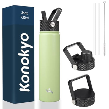 Konokyo 24 oz Insulated Stainless Steel Water Bottle with Straw Lid - color: Macaron Green, size: 24 Ounces