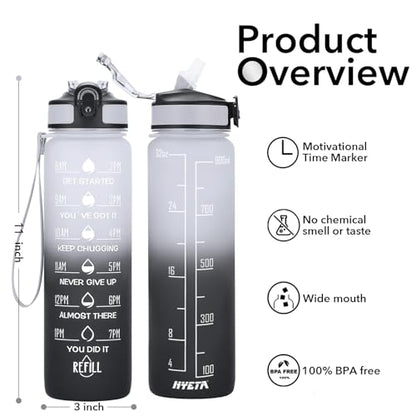 Hyeta Water Bottle with Straw & Time Marker, Plastic 32oz Leakproof - color: Gray-Black