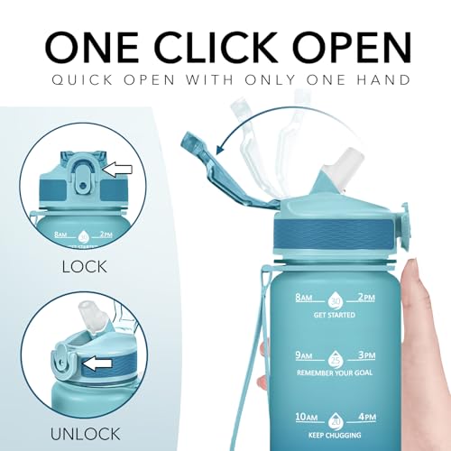Hyeta Plastic Water Bottle With Straw & Time Marker, 32oz Leakproof Jug - color: Blue-Blue Ombré
