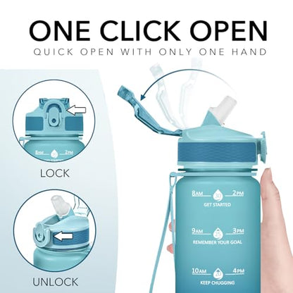 Hyeta Plastic Water Bottle With Straw & Time Marker, 32oz Leakproof Jug - color: Blue-Blue Ombré
