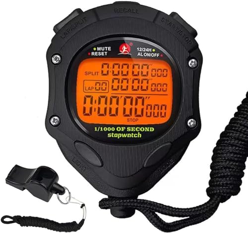 Stopwatch Timer, Digital Stop Watch with 0.01second & 0.001second Timing, Metal 10/100/400 Laps Memory, Rolilink Large dispaly Alarm Clock for Coach Sports Running Marathon - color: 100 Lap-backlight-black