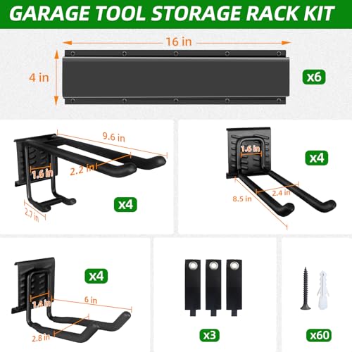 Garage Wall Organizer, 96 in Garden Tool Organizer with 12 Adjustable Hooks | 720 LBS Load, Wear & Tear Resistant, Soft Anti-Scratch Hook Sleeves, 3 Extra Storage Straps, For Garden Lawn & Shed Tools - size: 96 inch 12-Hook