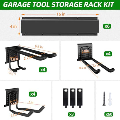 Garage Wall Organizer, 96 in Garden Tool Organizer with 12 Adjustable Hooks | 720 LBS Load, Wear & Tear Resistant, Soft Anti-Scratch Hook Sleeves, 3 Extra Storage Straps, For Garden Lawn & Shed Tools - size: 96 inch 12-Hook