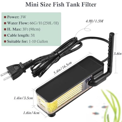 3W Internal Aquarium Filter,Submersible Fish Tank Filter with 66GPH Water Pump for Upto 10 Gallon Small Fish Tanks,Quiet Filter with Rainwater Areator System