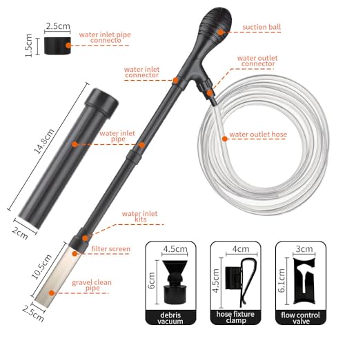 Small Gravel Vacuum for Aquarium, Adjustable Length Manual 80GPH Aquarium Gravel Cleaners, Low Water Level Fish Tank Water Changer with Suction Ball, Use for Fish Tank Cleaning Gravel and Sand