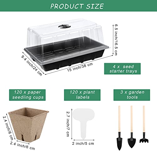 4 Pack Seed Starter Tray Kit, 120 Square Seed Peat Pots for Seedlings with Plants Labels, Planting Tools, Plastic Growing Germination Trays with Lids for Indoor Outdoor Gardening, Black