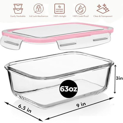 Razab 4 PC 1860ml / 63 Oz / 8 Cups Large Glass Food Storage Containers with Lids - Glass Meal Prep Containers for Roasting & Storing Leftover, Lunch Container with Lids, Microwave & Oven Safe - color: Pink