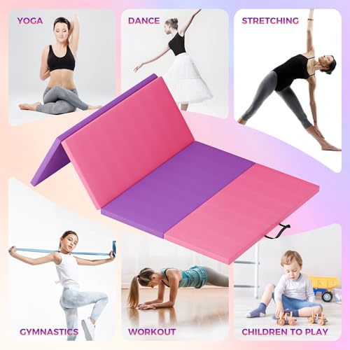 Folding Gymnastics Mat & Exercise Mats&Gymnastics Tumbling Mats-Thick Portable Home Gym Floor Pad for for Pilates, Aerobics, and Martial Arts Fitness Training，Four Pads Folding design