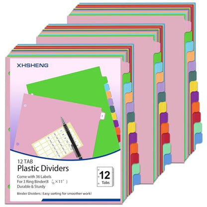 12-Tab Dividers for 3 Ring Binder,Plastic Biner Dividers with Tab, Monthly Divider Sets, 12 Tabs, Jan-Dec,File tabs,Multicolor,3 Sets