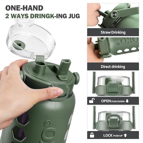 Half Gallon/64 oz Glass Water Bottles with Straw and Lid,Motivational Water Jug with Time Marker Reminder and Silicone Sleeve,100% Leakproof BPA Free Fitness Sports Large Bottle-Olive