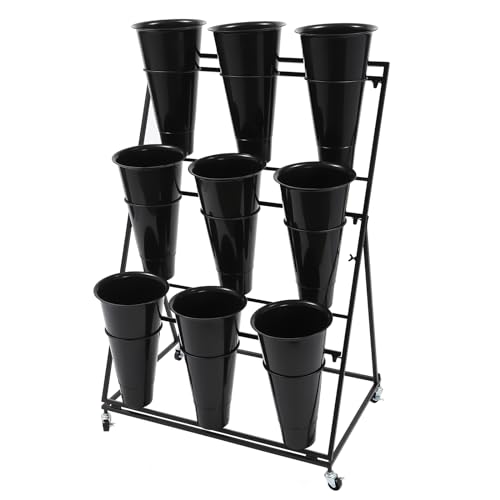 Flower Display Stand with 9 Buckets, 3 Layers, Indoor/Outdoor Flower Shelf for Patio, Living Room, Florist, Black - style: 3 Layers 9 Buckets Black