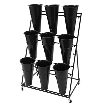 Flower Display Stand with 9 Buckets, 3 Layers, Indoor/Outdoor Flower Shelf for Patio, Living Room, Florist, Black - style: 3 Layers 9 Buckets Black