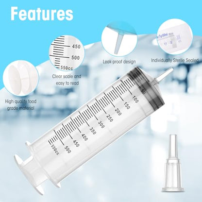 500ml Syringes without Needle for Liquid, Large Plastic Syringe with Adapter for Pet Feeding, Plant Irrigation, Scientific Labs, Measuring Liquids, Individually Wrapped, 2 Pack