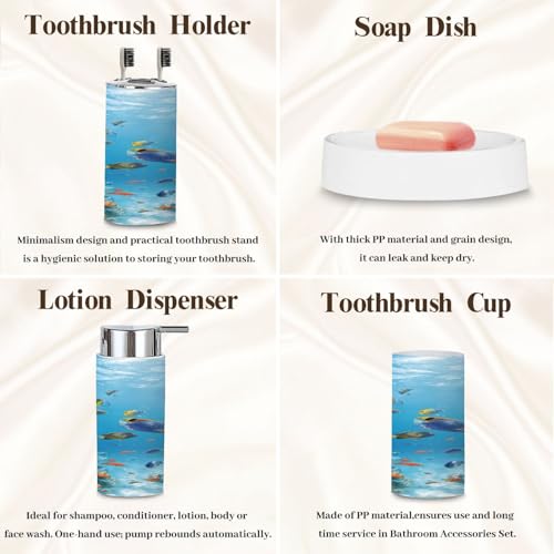 Bathroom Accessory Set 6 Piece Fish Snorkeling Sea Bahamas Underwater Hawaii Islands Aquarium Fishing Trash can, Toothbrush Holder, Toothbrush Cup, Soap Dispenser, Soap Dish, Toilet Brush Holder - color: Color1