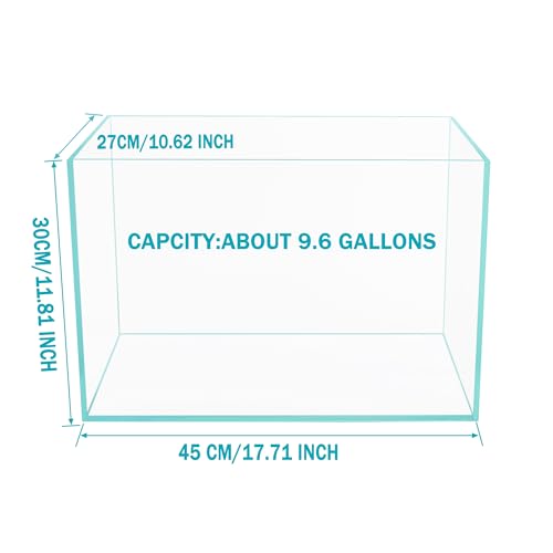 Ultra Clear Rimless Low Iron Glass Cubic Aquarium Tank (9.6Gal W17.72×D10.63×H11.81 inch(45x27x30cm)) 6mm Thickness Include Black Leveling Mat
