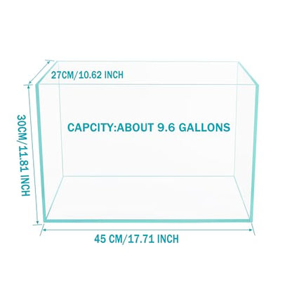 Ultra Clear Rimless Low Iron Glass Cubic Aquarium Tank (9.6Gal W17.72×D10.63×H11.81 inch(45x27x30cm)) 6mm Thickness Include Black Leveling Mat