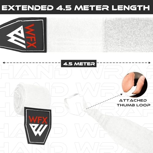 WFX Boxing Hand Wraps 3.5 4.5 Meter Martial Arts Bandages Inner Gloves Wrist Support Straps Punching Under Hand Knuckles Heavy Elasticated Training Bag Mitts Muay Thai - color: White, size: 4.5 M